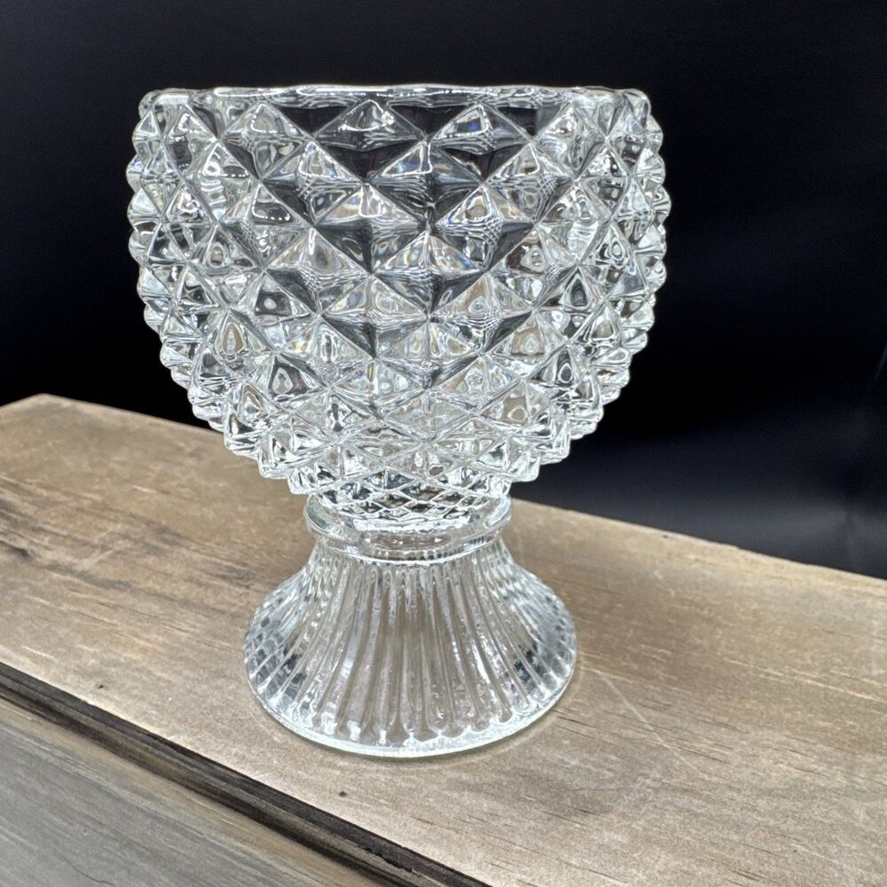 Vintage 1970’s Avon Diamond Cut Clear Glass Footed Votive Candle Holder 3.5”H